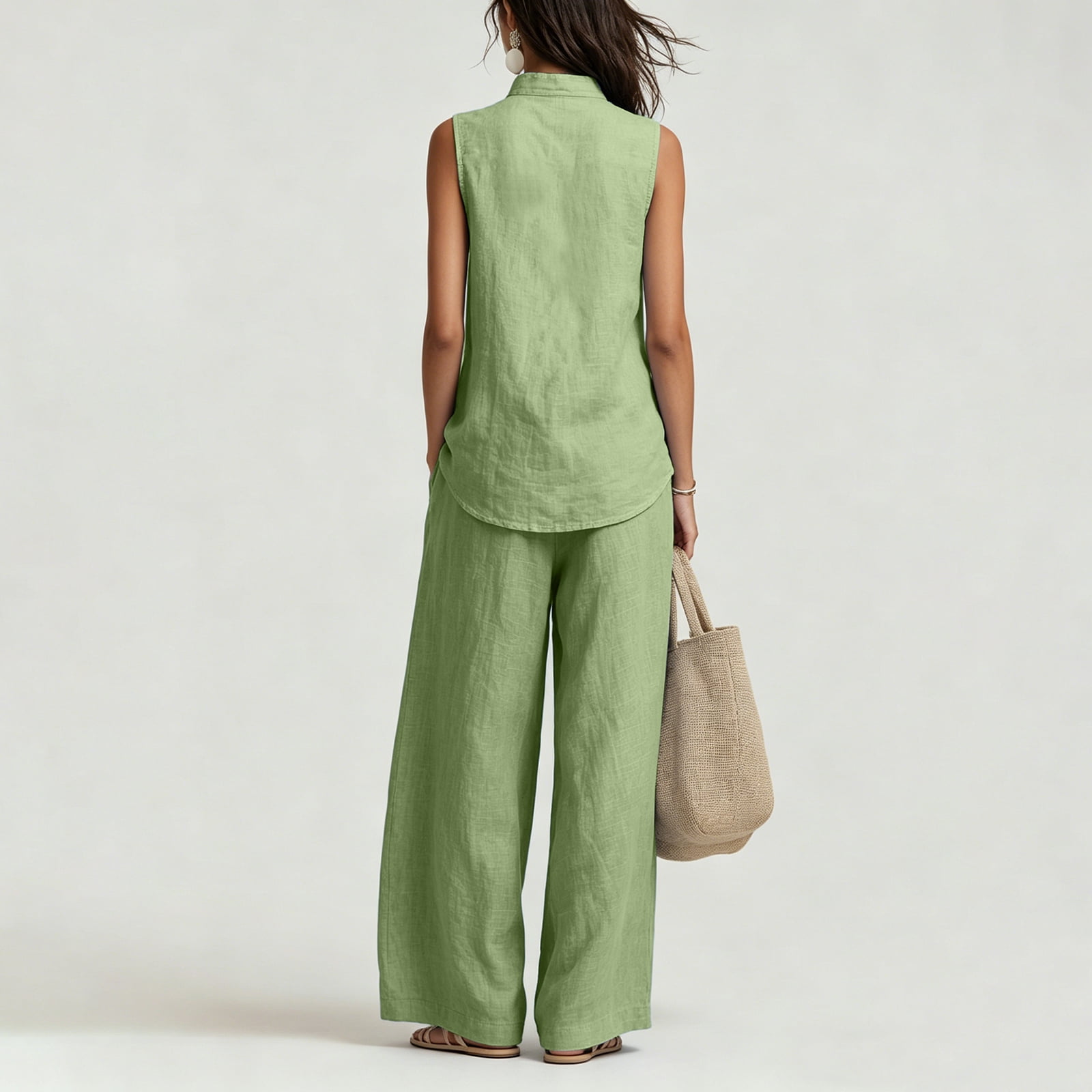 Women's Casual Cotton & Linen Sleeveless Top & Wide-Leg Pants Two-Piece Set
