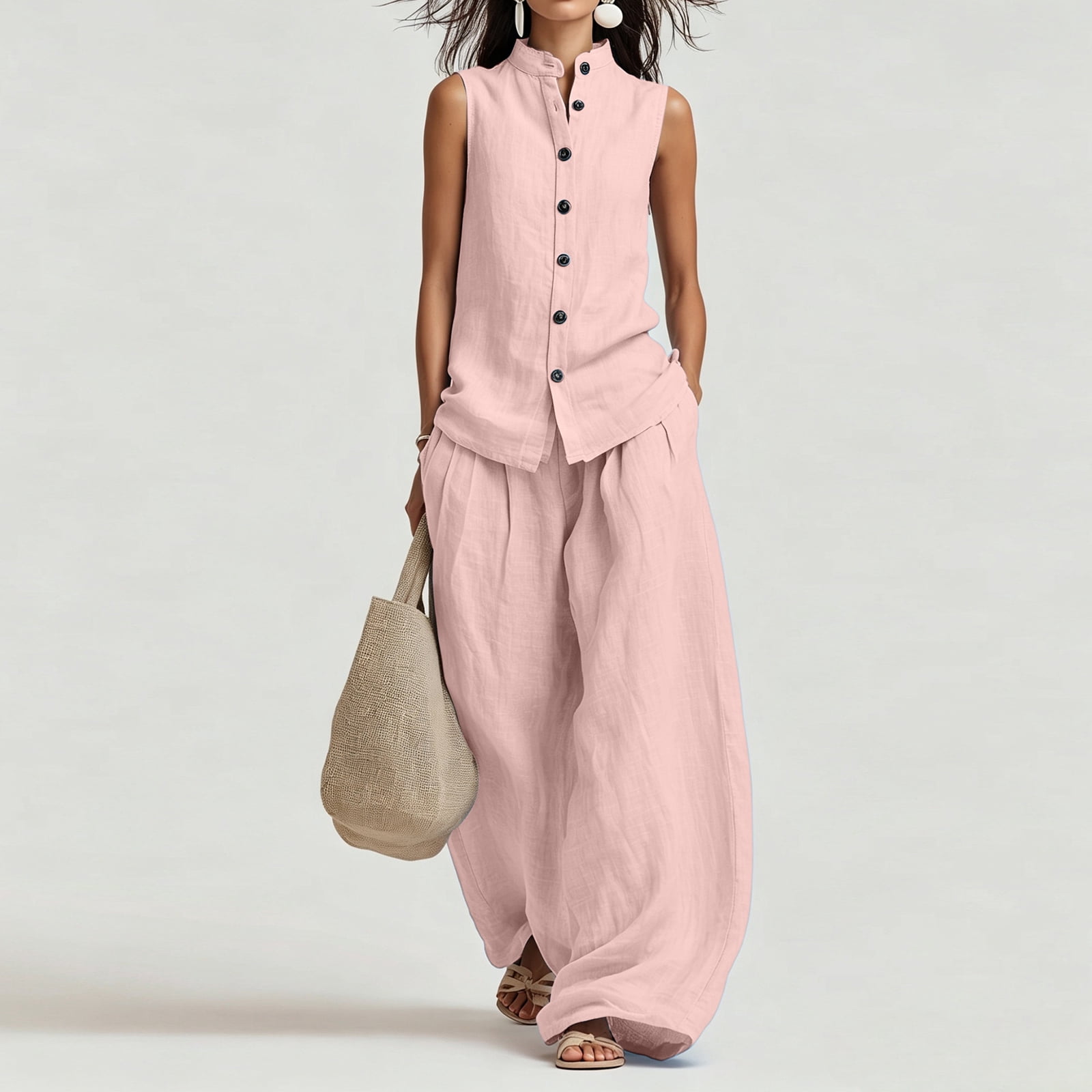 Women's Casual Cotton & Linen Sleeveless Top & Wide-Leg Pants Two-Piece Set