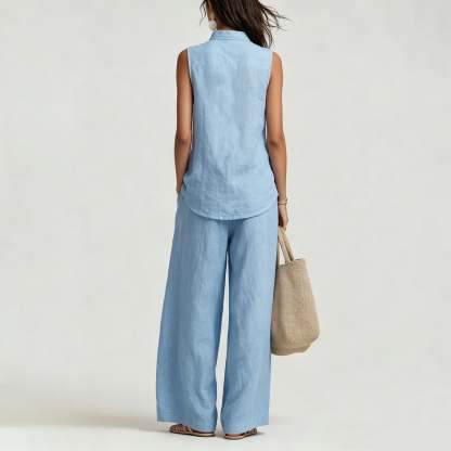 Women's Casual Cotton & Linen Sleeveless Top & Wide-Leg Pants Two-Piece Set