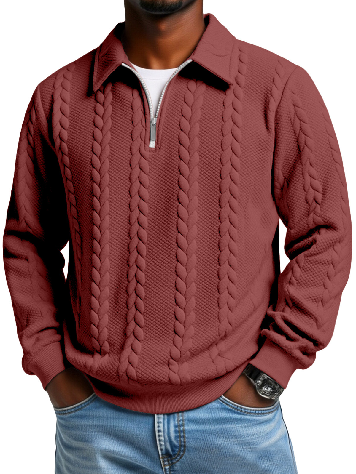 Men's Casual Solid Color Twist Texture Loose Long-sleeved Lapel Zipper Polo Shirt