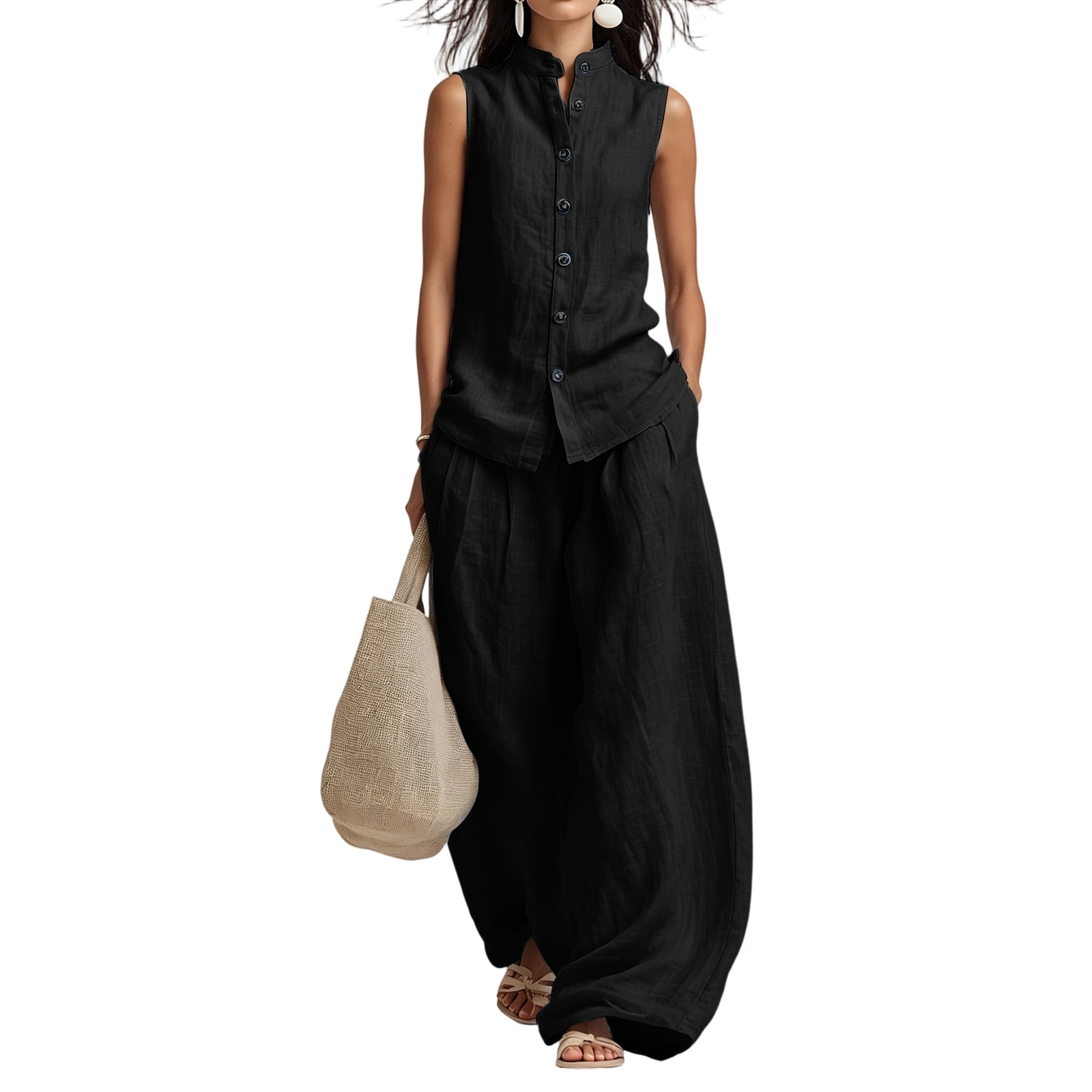 Women's Casual Cotton & Linen Sleeveless Top & Wide-Leg Pants Two-Piece Set