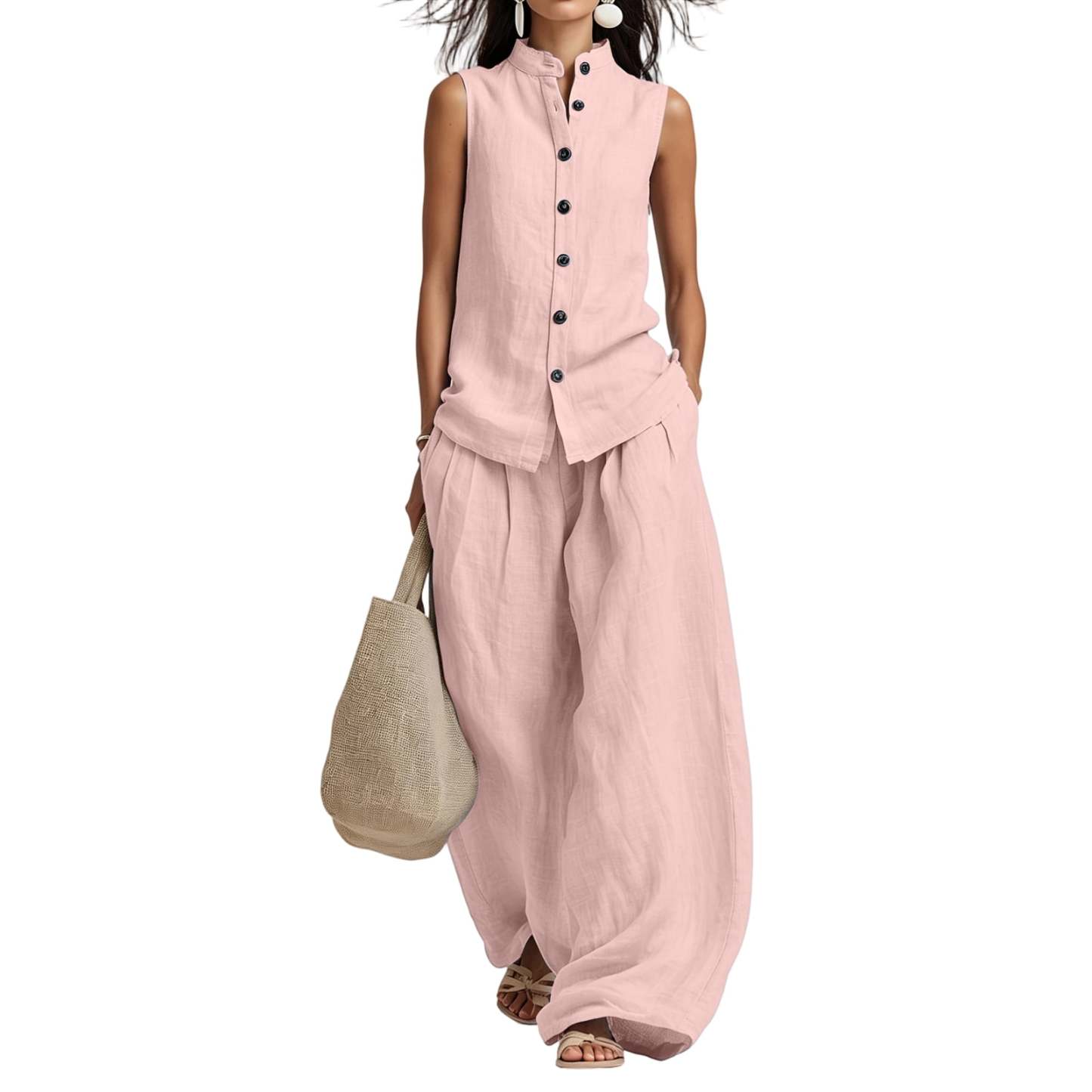 Women's Casual Cotton & Linen Sleeveless Top & Wide-Leg Pants Two-Piece Set