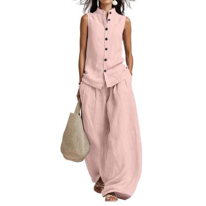 Women's Casual Cotton & Linen Sleeveless Top & Wide-Leg Pants Two-Piece Set