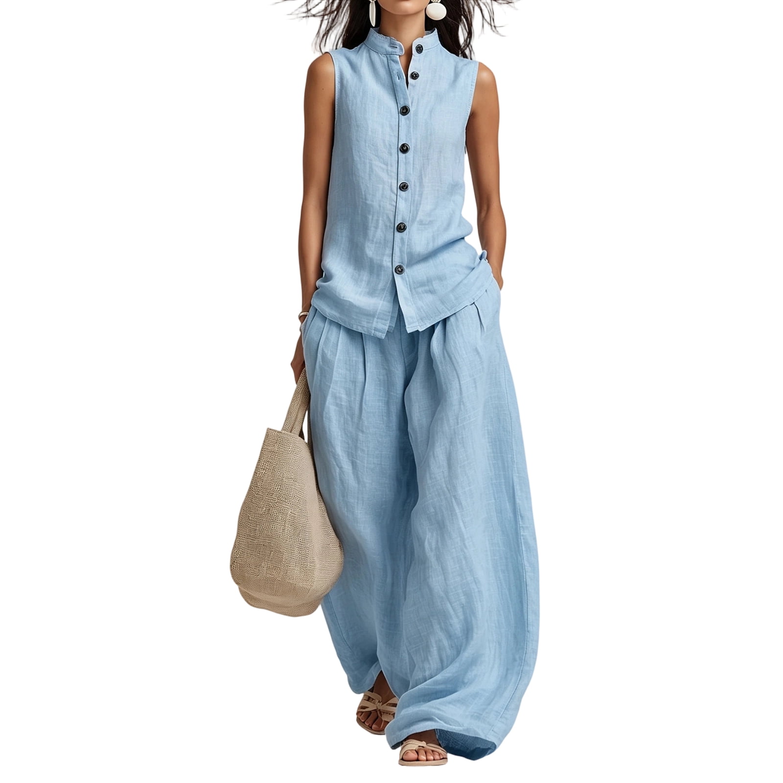Women's Casual Cotton & Linen Sleeveless Top & Wide-Leg Pants Two-Piece Set