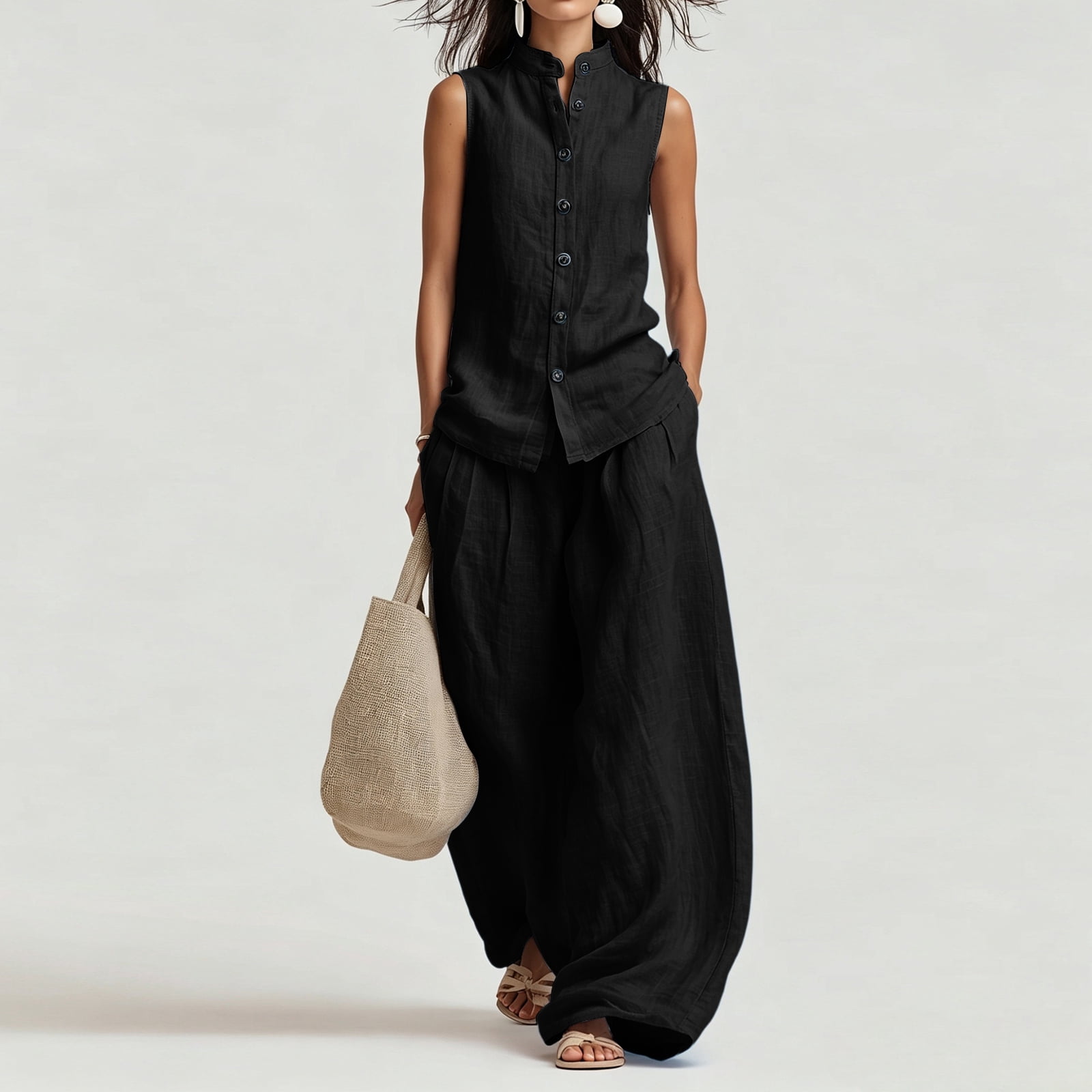 Women's Casual Cotton & Linen Sleeveless Top & Wide-Leg Pants Two-Piece Set