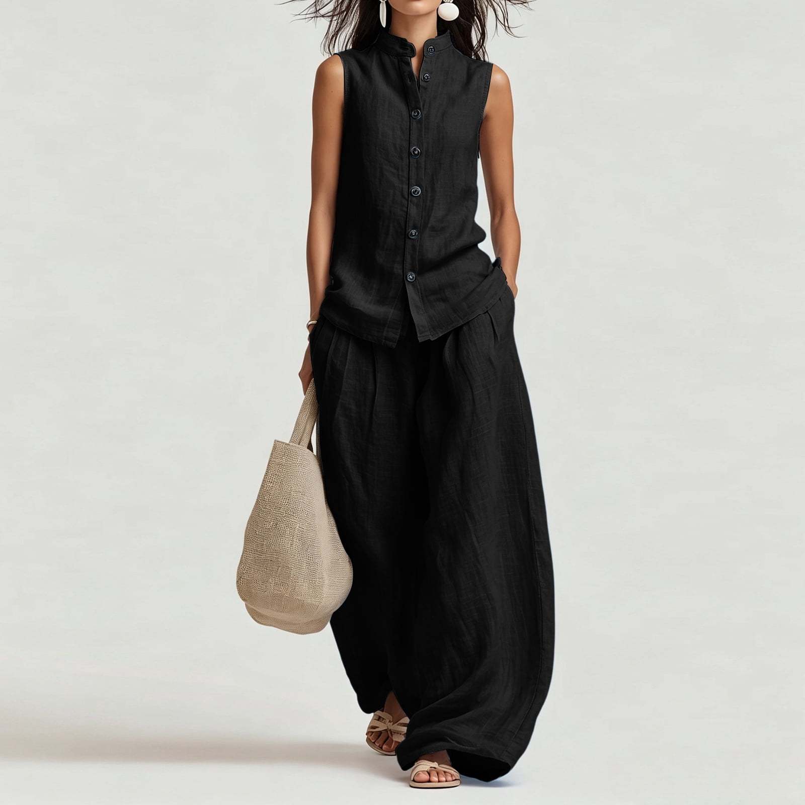 Women's Casual Cotton & Linen Sleeveless Top & Wide-Leg Pants Two-Piece Set