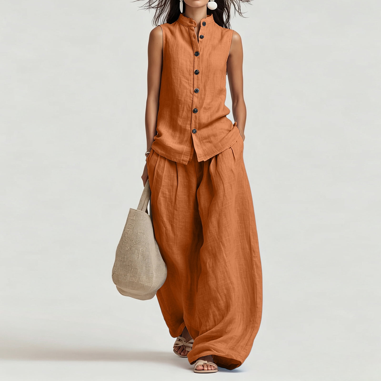 Women's Casual Cotton & Linen Sleeveless Top & Wide-Leg Pants Two-Piece Set