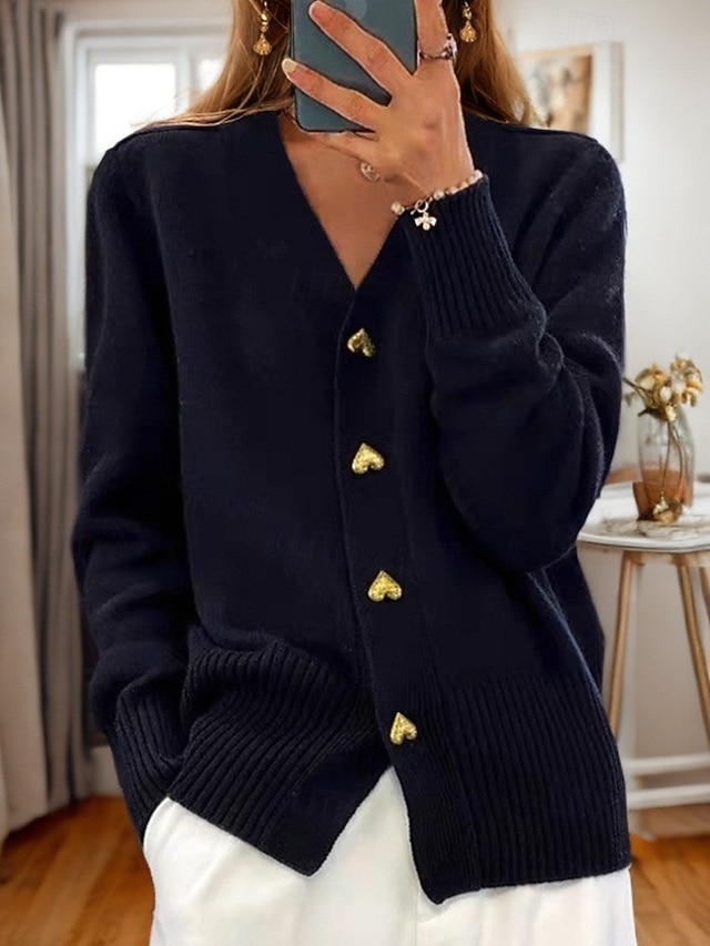 Women's Valentine Pink Sweater Cardigan Sweater Jacket V Neck Knit Button Knitted Spring Fall Daily Holiday Going out Cute Daily Soft Long Sleeve Pure Color Black White