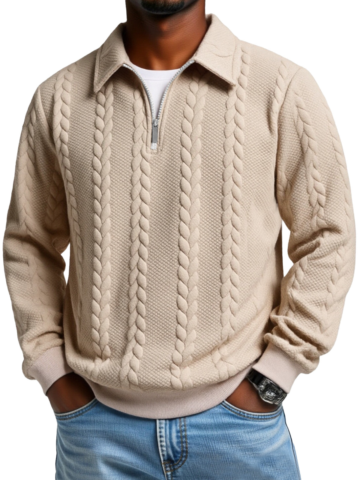 Men's Casual Solid Color Twist Texture Loose Long-sleeved Lapel Zipper