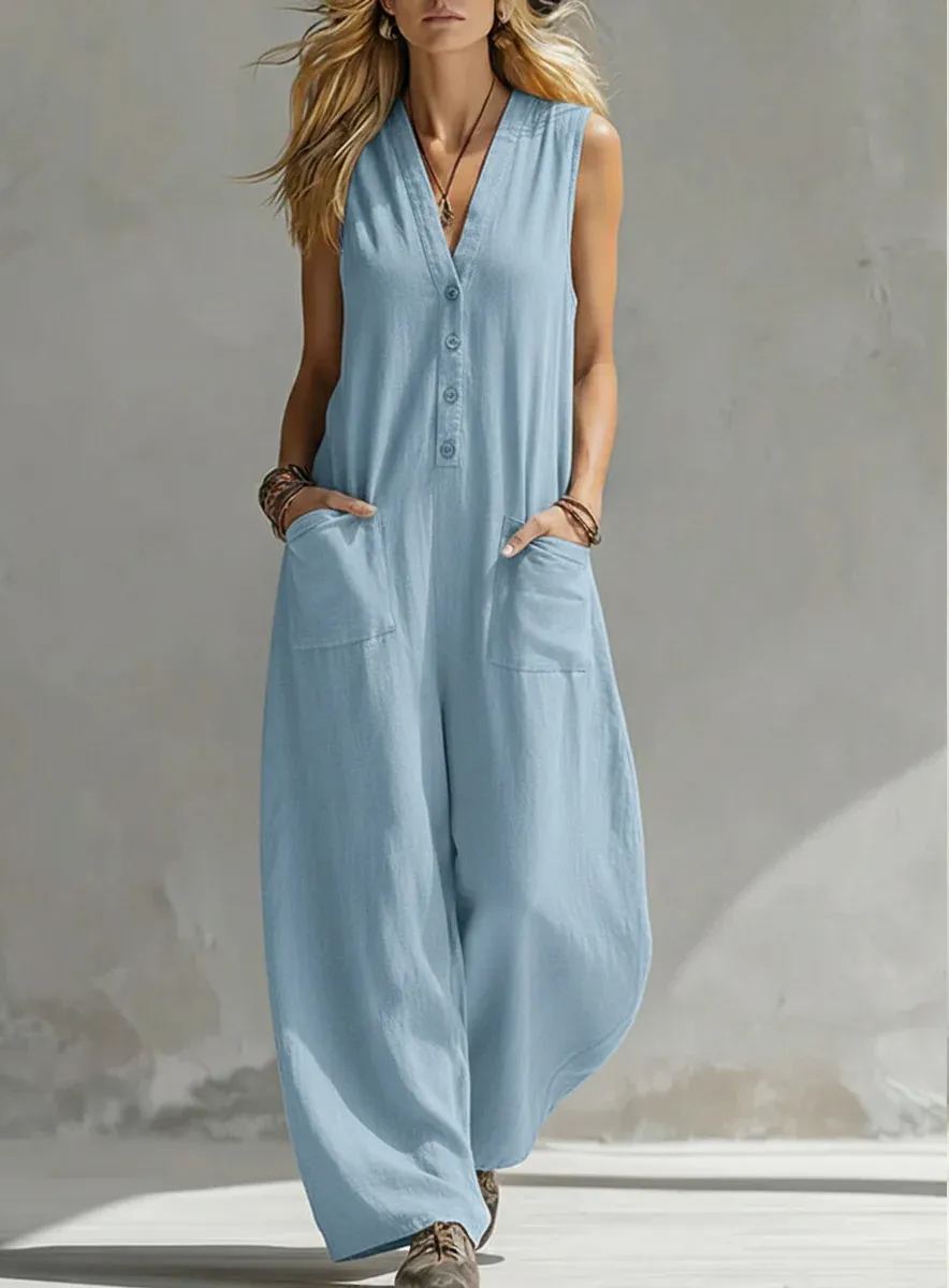 【Buy 2 Free Shipping】 — Women‘s New Solid Color V-Neck Sleeveless Wide Leg Women's Jumpsuit