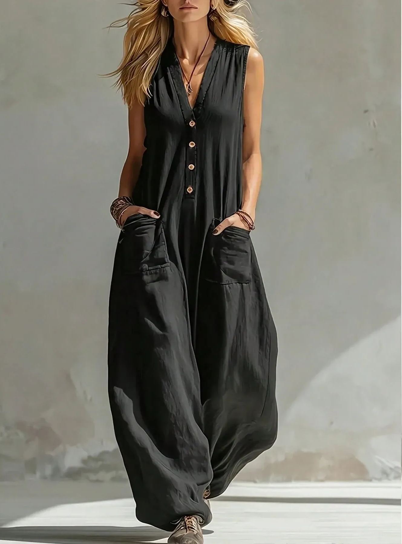 Spring And Summer New Solid Color V-Neck Sleeveless Wide Leg Women's Jumpsuit, Breathable Large Pocket Wide Leg Pants, Vacation Casual Jumpsuit - Olive Green - View 1 Spring And Summer New Solid Color V-Neck Sleeveless Wide Leg Women's Jumpsuit, Breathab