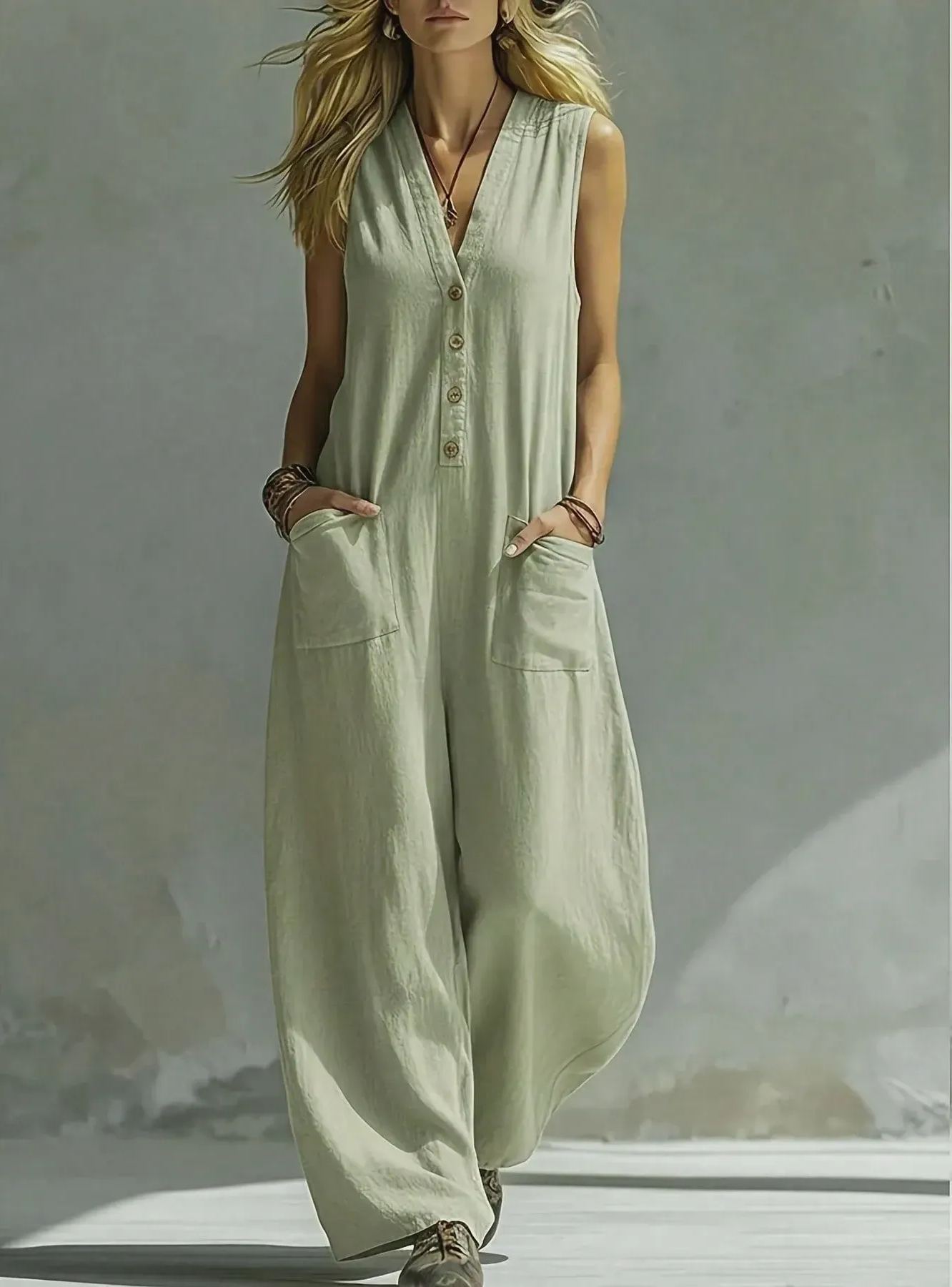 Spring And Summer New Solid Color V-Neck Sleeveless Wide Leg Women's Jumpsuit, Breathable Large Pocket Wide Leg Pants, Vacation Casual Jumpsuit - Olive Green - View 1 Spring And Summer New Solid Color V-Neck Sleeveless Wide Leg Women's Jumpsuit, Breathab