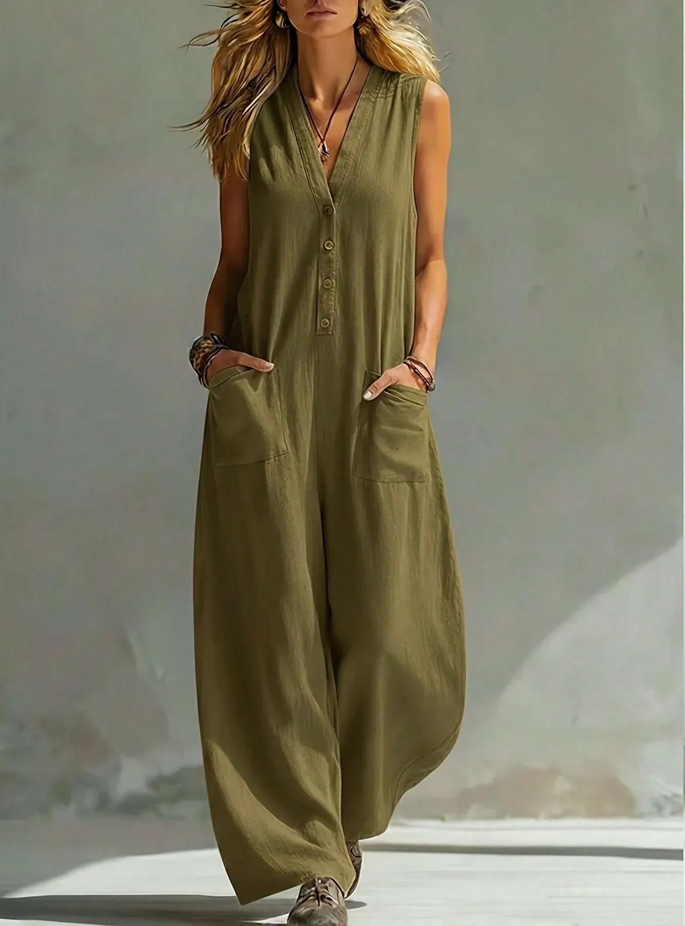 Spring And Summer New Solid Color V-Neck Sleeveless Wide Leg Women's Jumpsuit, Breathable Large Pocket Wide Leg Pants, Vacation Casual Jumpsuit - Olive Green - View 1 Spring And Summer New Solid Color V-Neck Sleeveless Wide Leg Women's Jumpsuit, Breathab