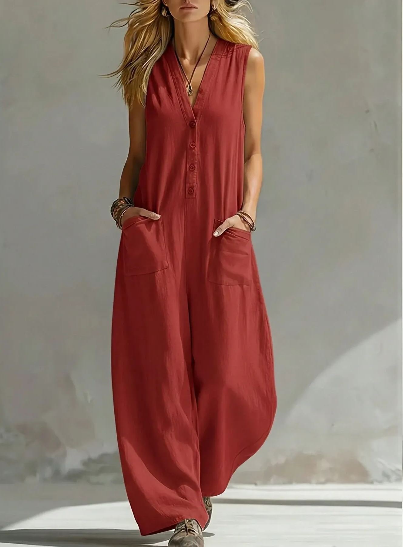 Spring And Summer New Solid Color V-Neck Sleeveless Wide Leg Women's Jumpsuit, Breathable Large Pocket Wide Leg Pants, Vacation Casual Jumpsuit - Olive Green - View 1 Spring And Summer New Solid Color V-Neck Sleeveless Wide Leg Women's Jumpsuit, Breathab