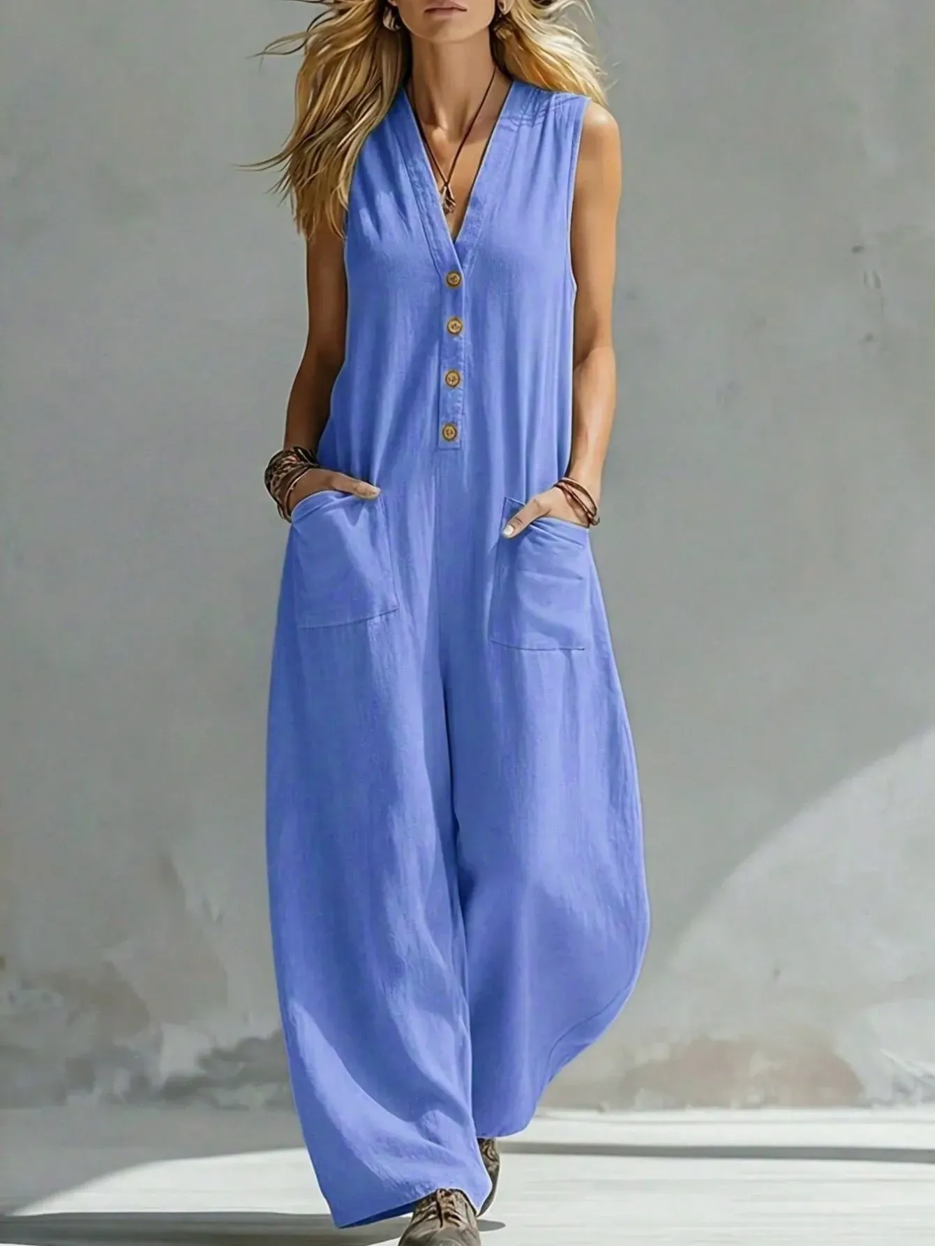 Spring And Summer New Solid Color V-Neck Sleeveless Wide Leg Women's Jumpsuit, Breathable Large Pocket Wide Leg Pants, Vacation Casual Jumpsuit - Olive Green - View 1 Spring And Summer New Solid Color V-Neck Sleeveless Wide Leg Women's Jumpsuit, Breathab