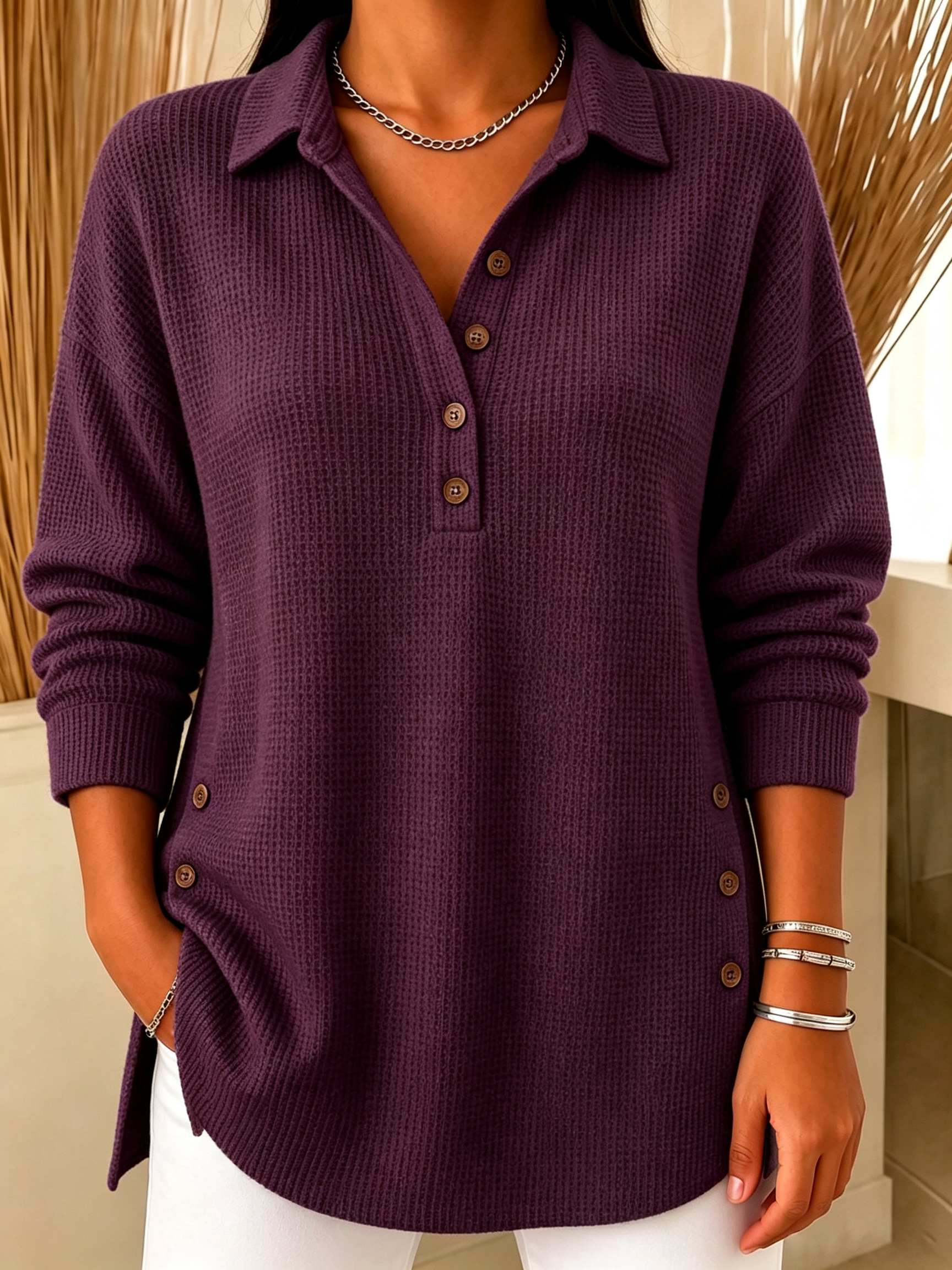 Chic Long Sleeve Waffle Knit Polo Sweater Casual Loose Henley Shirt