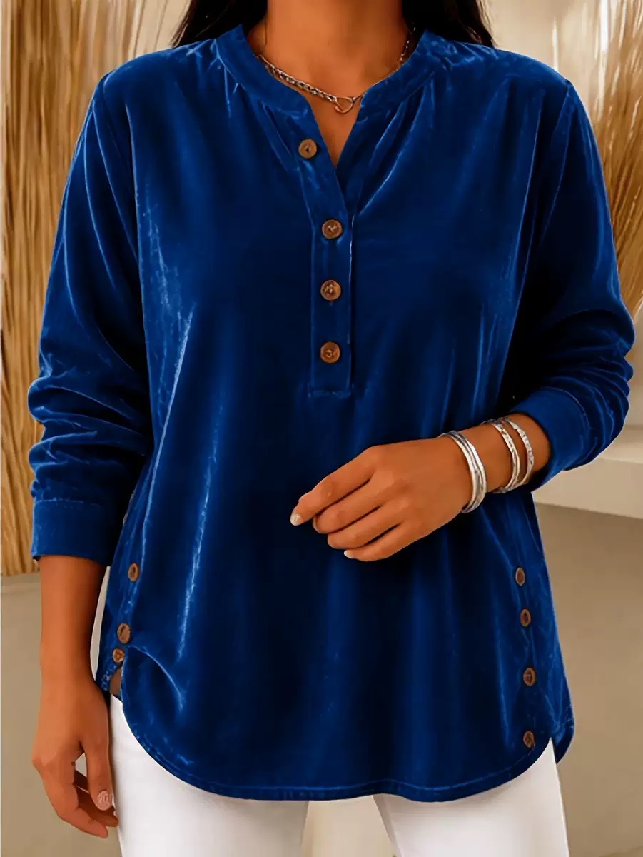 Women's Shirt Velvet Solid Color Bohemia Vacation Vintage Long Sleeve Henry Collar Regular Tops Casual Daily Going out