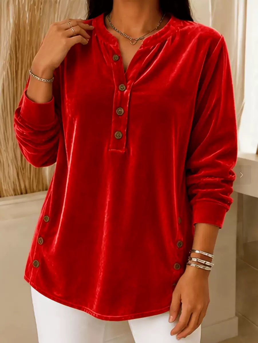 Women's Shirt Velvet Solid Color Bohemia Vacation Vintage Long Sleeve Henry Collar Regular Tops Casual Daily Going out