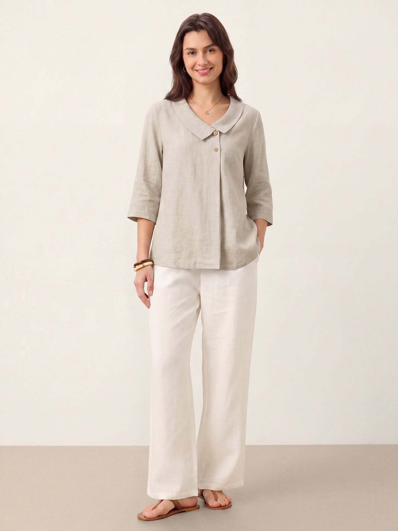 Women's 100% Linen Long-Sleeve Top with Asymmetric Neckline and Inverted Pleat