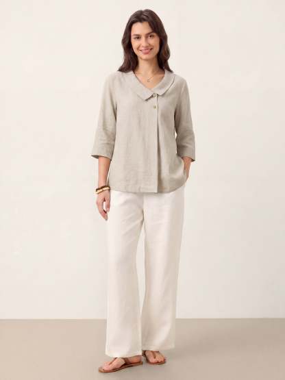 Women's 100% Linen Long-Sleeve Top with Asymmetric Neckline and Inverted Pleat