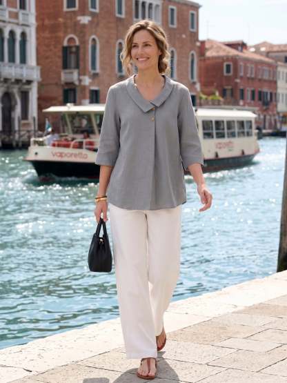 Women's 100% Linen Long-Sleeve Top with Asymmetric Neckline and Inverted Pleat