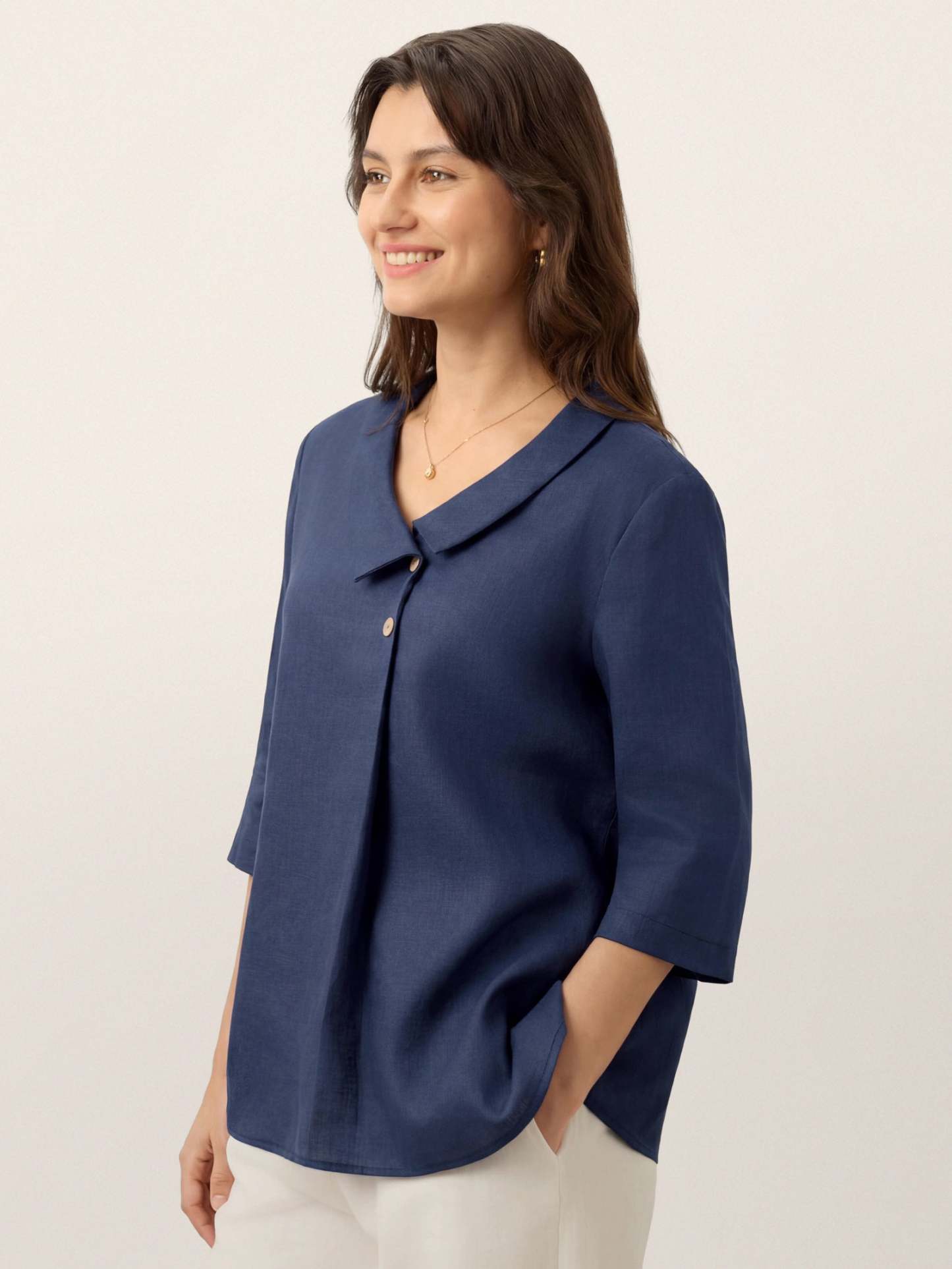 Women's 100% Linen Long-Sleeve Top with Asymmetric Neckline and Inverted Pleat