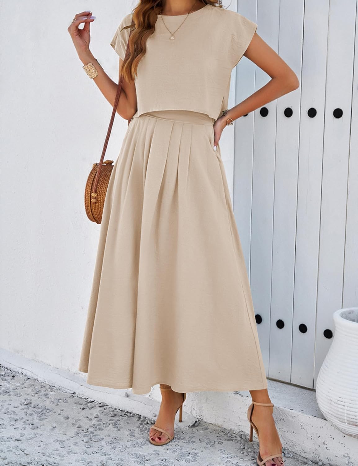 2025 Summer Skirt Sets Women 2 Piece Outfits Cap Sleeve Top Elastic Waist Maxi Dress Sets with Pockets