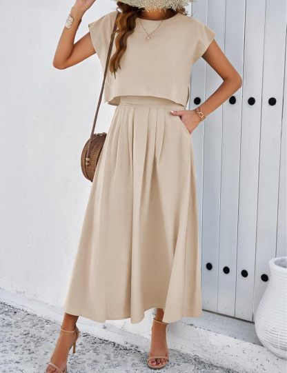 2025 Summer Skirt Sets Women 2 Piece Outfits Cap Sleeve Top Elastic Waist Maxi Dress Sets with Pockets
