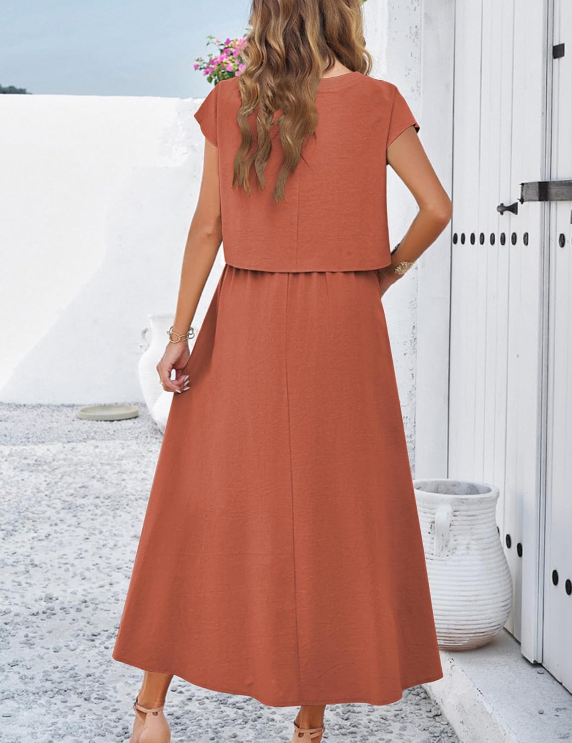 2025 Summer Skirt Sets Women 2 Piece Outfits Cap Sleeve Top Elastic Waist Maxi Dress Sets with Pockets