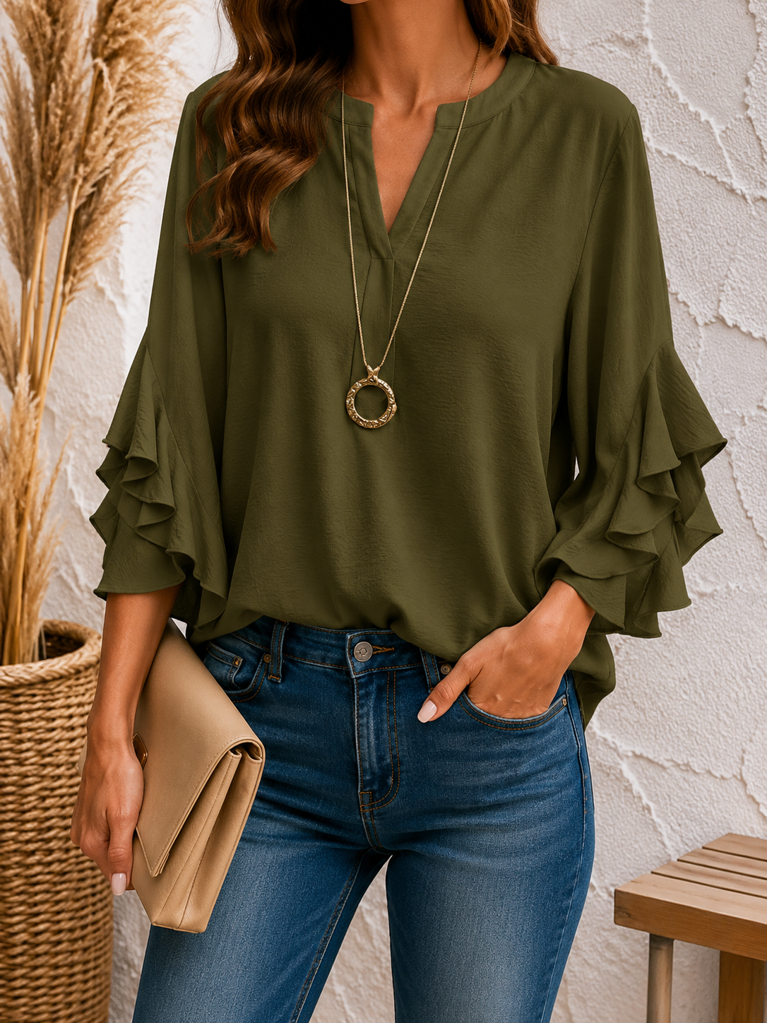 Women's Summer Shirt Casual Shirt Blouse Ruffle Solid Color Vacation Stylish Casual 3/4 Length Sleeve V Neck Regular Tops Daily Outdoor Holiday Black White Pink Army Green Summer Spring