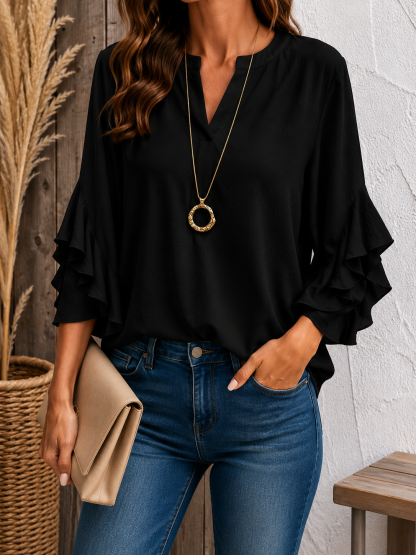 Women's Summer Shirt Casual Shirt Blouse Ruffle Solid Color Vacation Stylish Casual 3/4 Length Sleeve V Neck Regular Tops Daily Outdoor Holiday Black White Pink Army Green Summer Spring