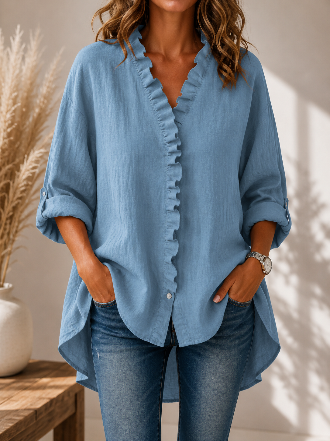 Women's Casual Cotton And Linen Ruffle Shirt