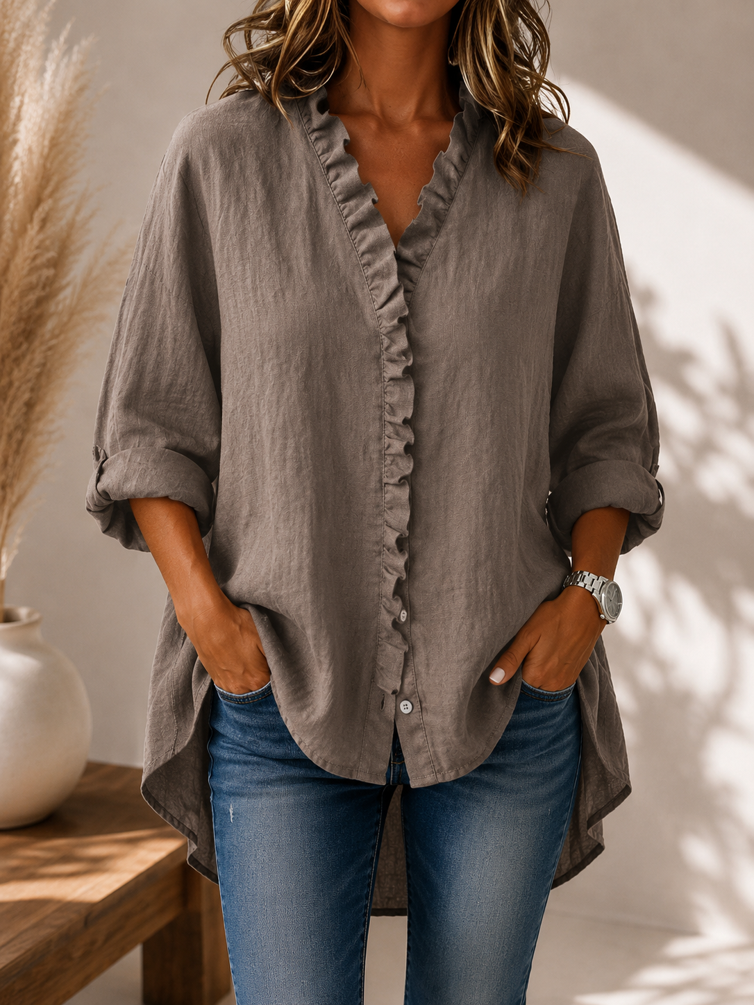 Women's Casual Cotton And Linen Ruffle Shirt