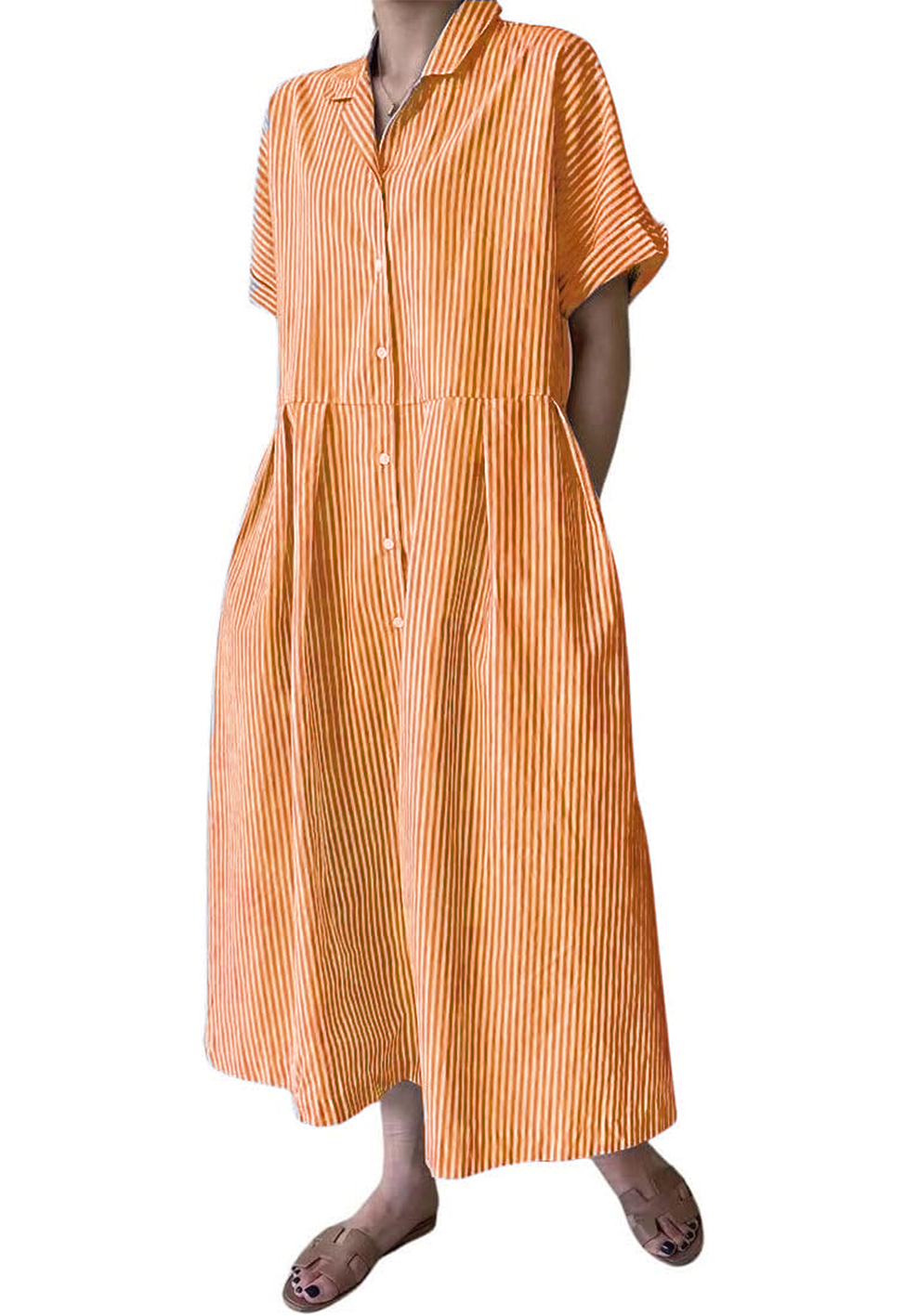 Women's Cotton Striped Shirt Dress Button Up Short Sleeve Midi Long Shift Dress with Pockets(Buy 2 free shipping)