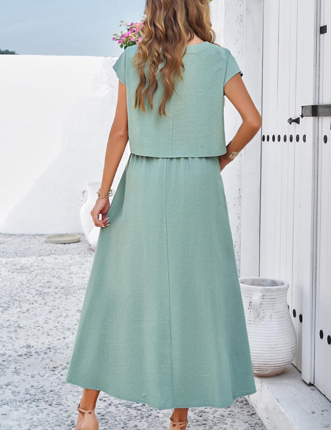 2025 Summer Skirt Sets Women 2 Piece Outfits Cap Sleeve Top Elastic Waist Maxi Dress Sets with Pockets