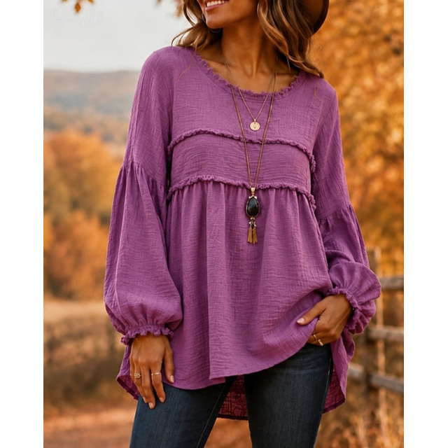 Women's Boho Shirt Tassel Bohemia Active Vacation Long Sleeve Crew Neck Long