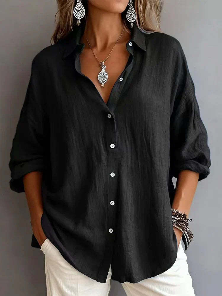 Plain Pattern Long Sleeve Cotton And Linen Polo Shirt