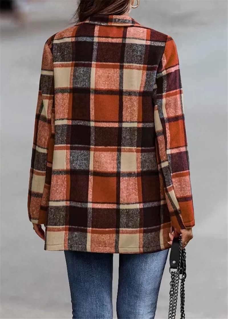 Autumn Winter Womens Loose Plaid Printed Long Sleeved Pocket Woolen Coat Cardigan Top
