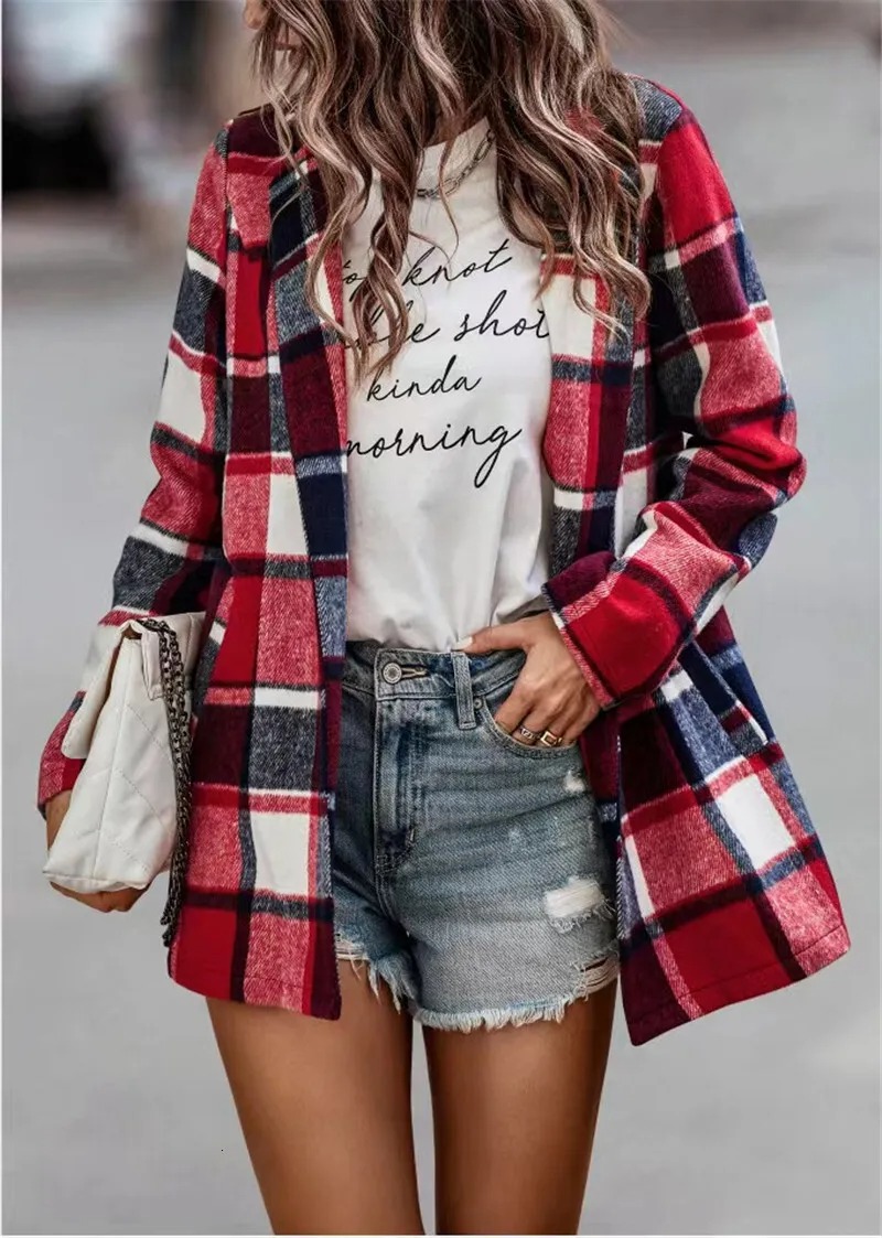 Autumn Winter Womens Loose Plaid Printed Long Sleeved Pocket Woolen Coat Cardigan Top