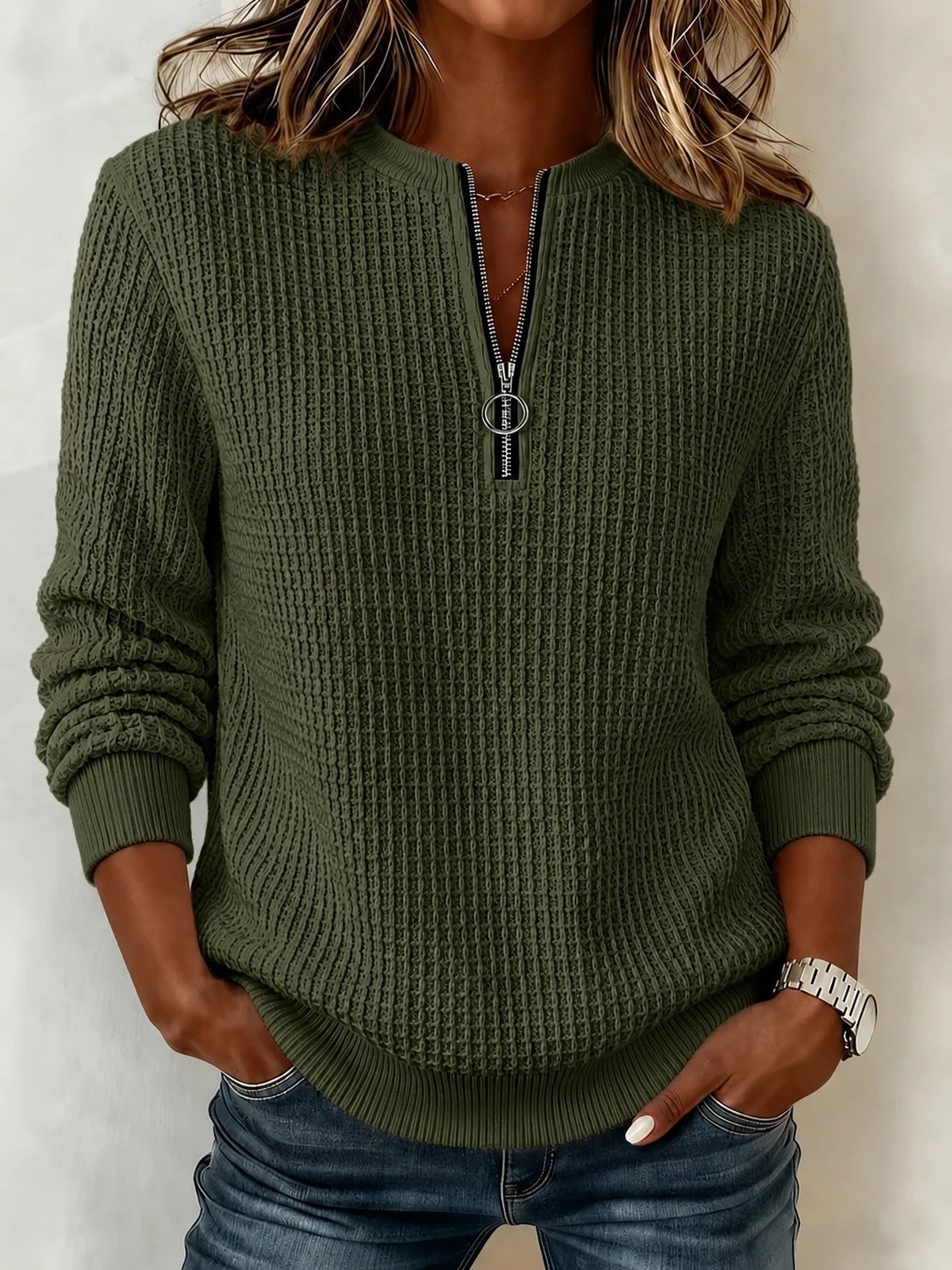Women's Waffle Knit Long Sleeve Casual Solid Color Crew Neck Tops for Daily Vacation