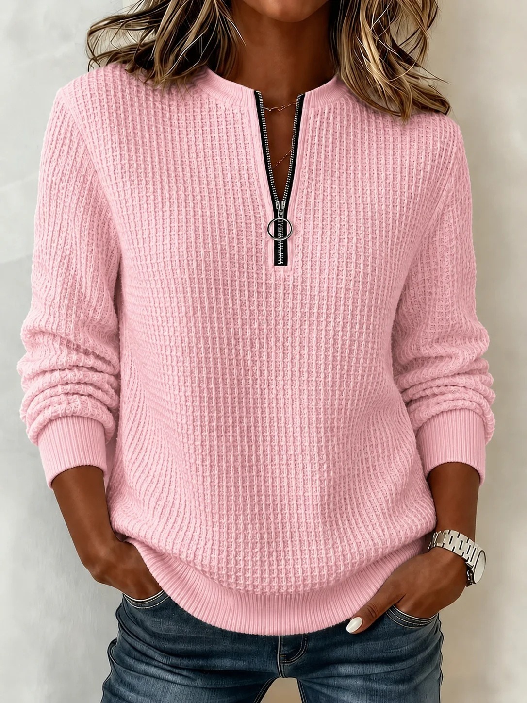 Women's Waffle Knit Long Sleeve Casual Solid Color Crew Neck Tops for Daily Vacation