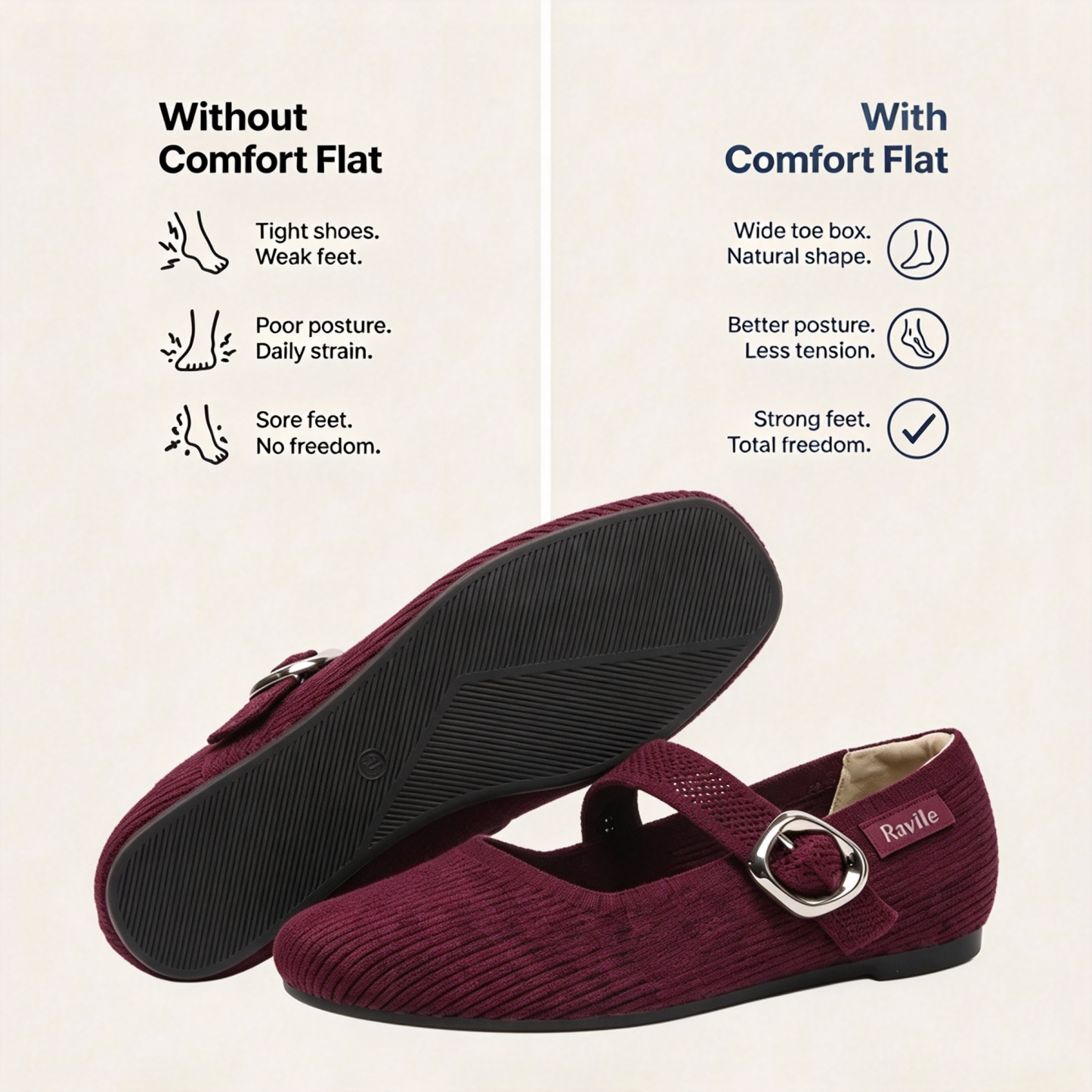 Women's Mary Jane Comfort Flat Shoes With Adjustable Buckle Strap