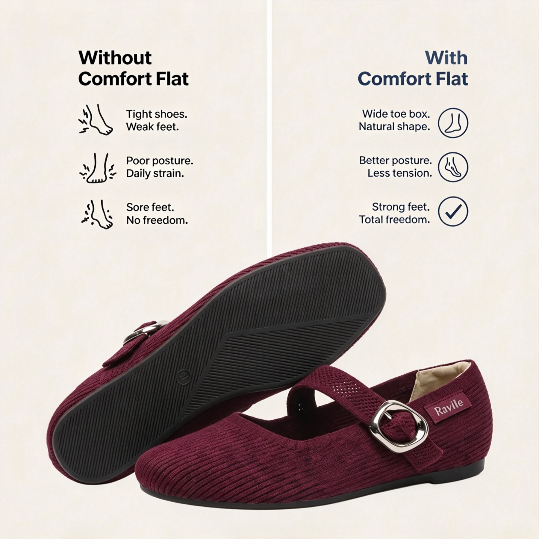 Women's Mary Jane Comfort Flat Shoes With Adjustable Buckle Strap