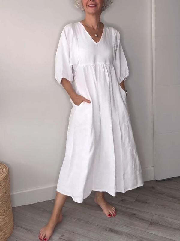 🔥Clearance Sale🔥 Women's Casual Fashion V-Neck Solid Color Mid-Length Sleeve Dress