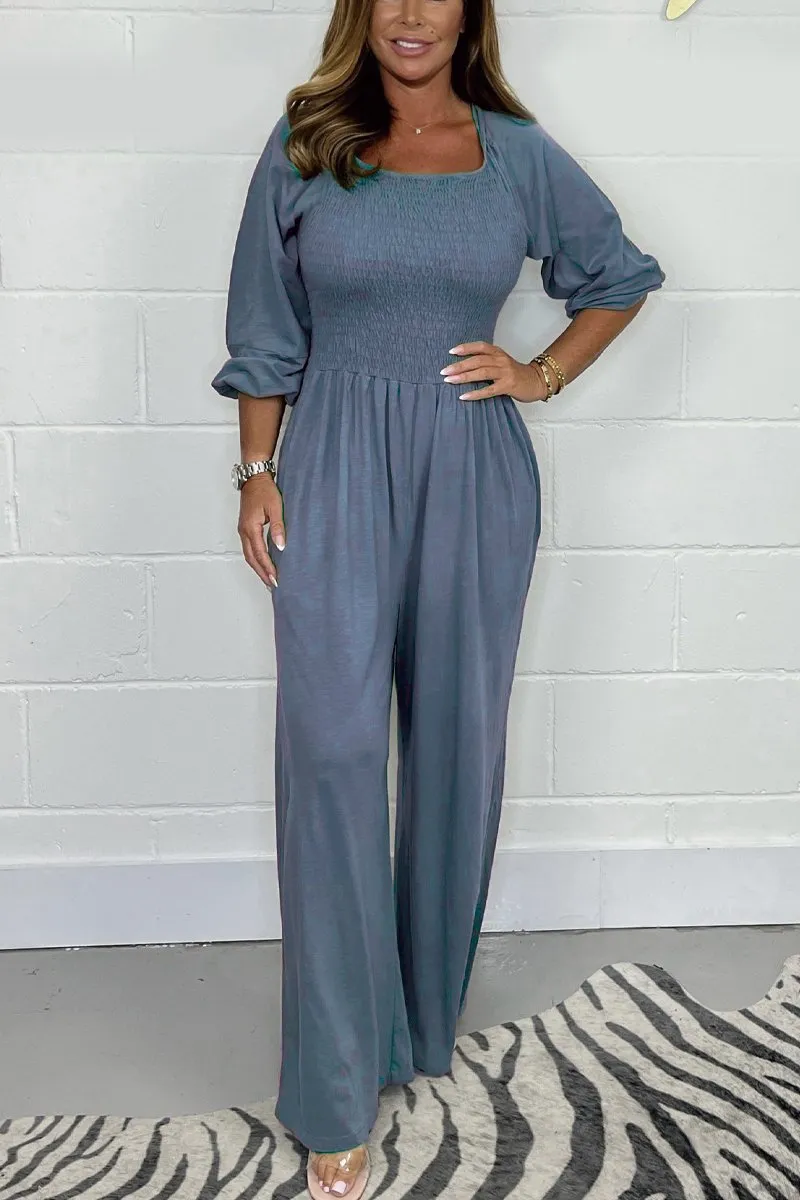CLEARANCE🔥 Solid Color Long Sleeve Elastic Waist Wide Leg Jumpsuit