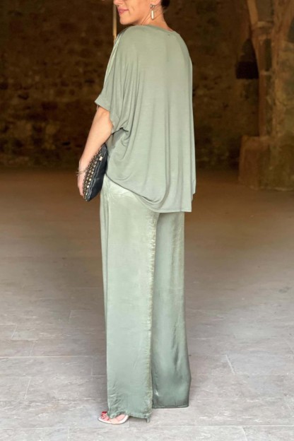 Women's V-Neck Tops Long Pants Set Casual Loose Outfit Summer Homewear Suit