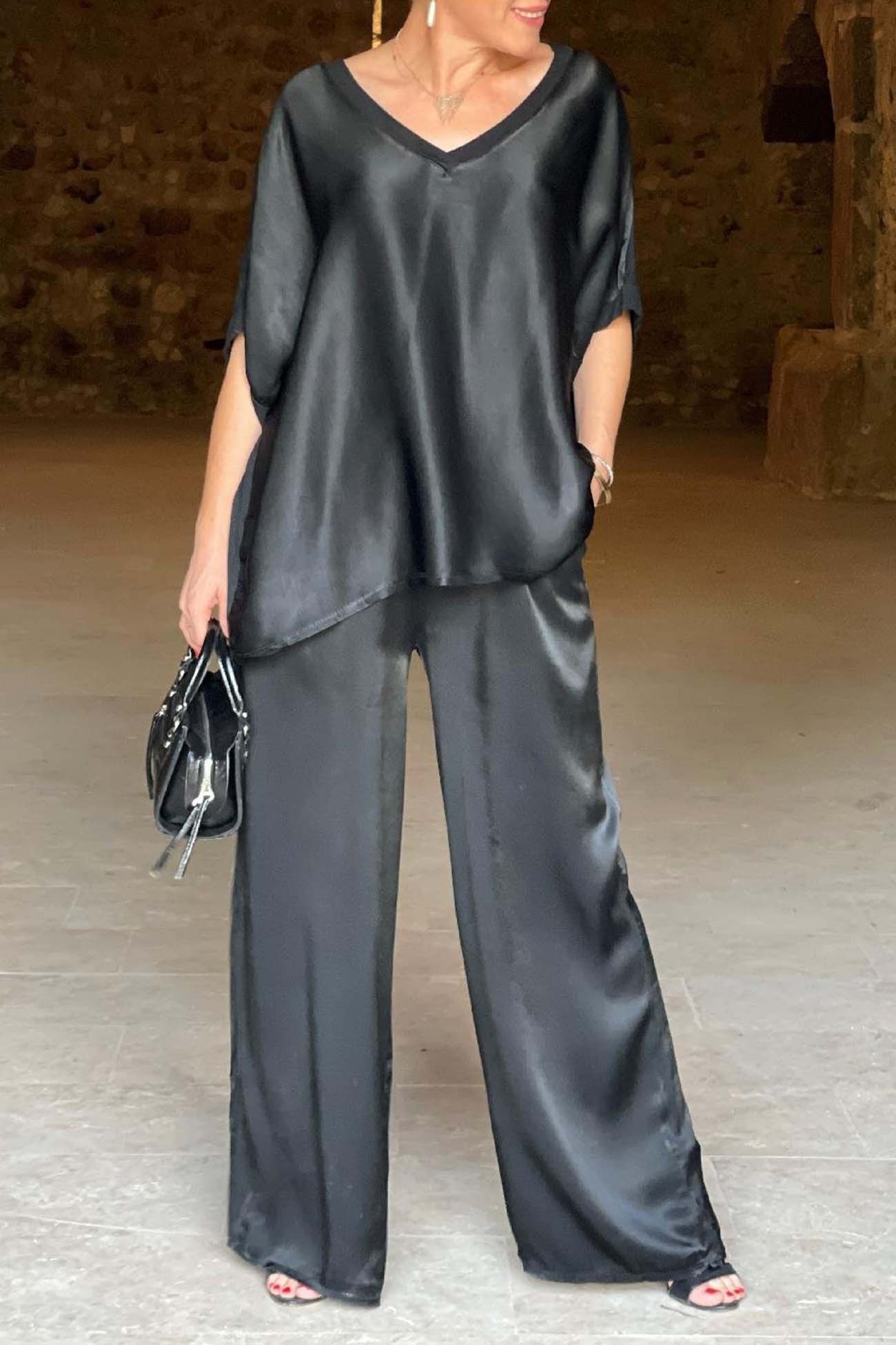 Women's V-Neck Tops Long Pants Set Casual Loose Outfit Summer Homewear Suit