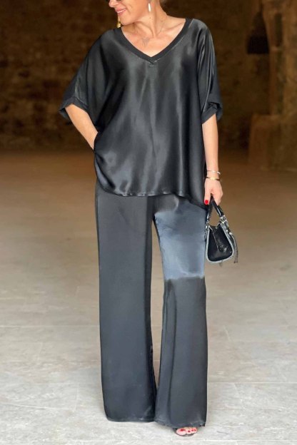 Women's V-Neck Tops Long Pants Set Casual Loose Outfit Summer Homewear Suit