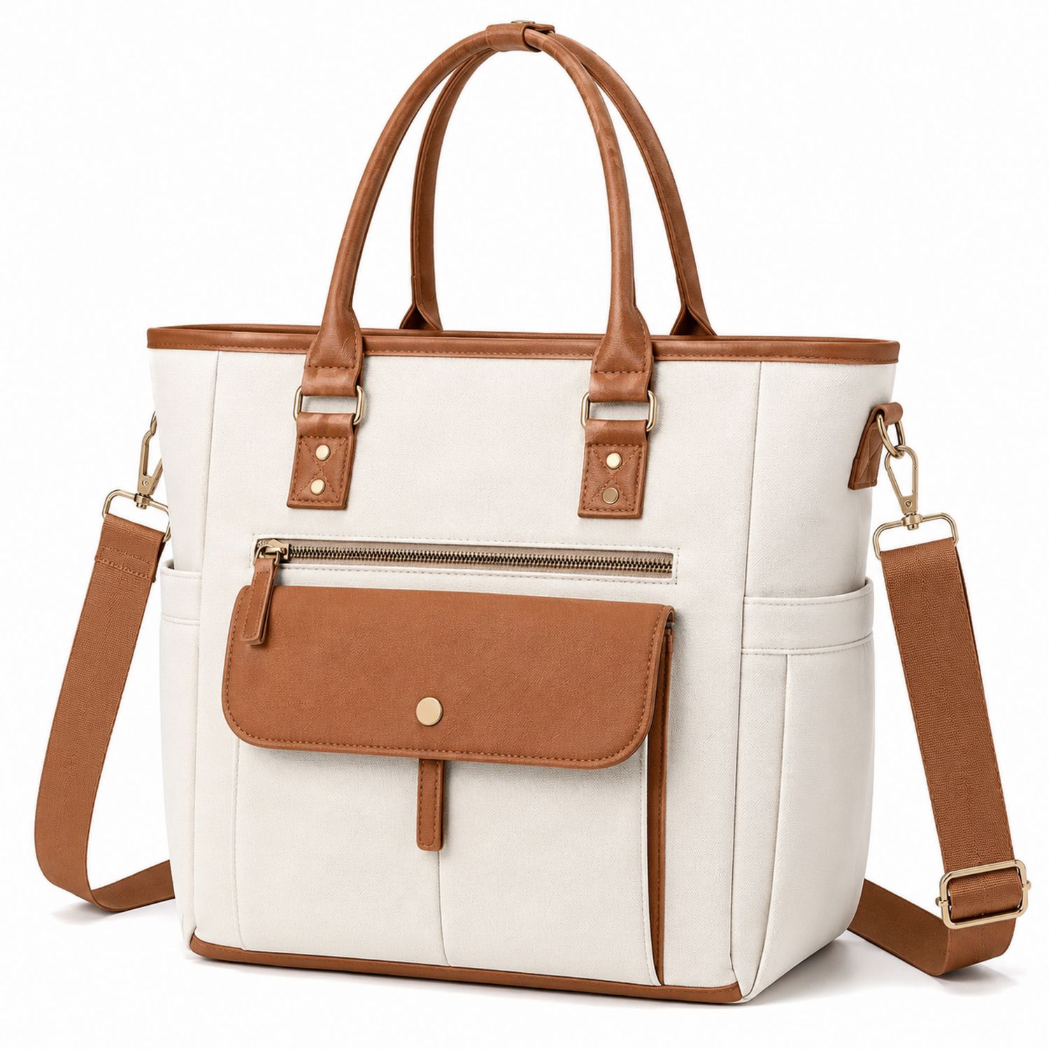 Borsa a Tracolla Beige e Marrone con Tasca Frontale
