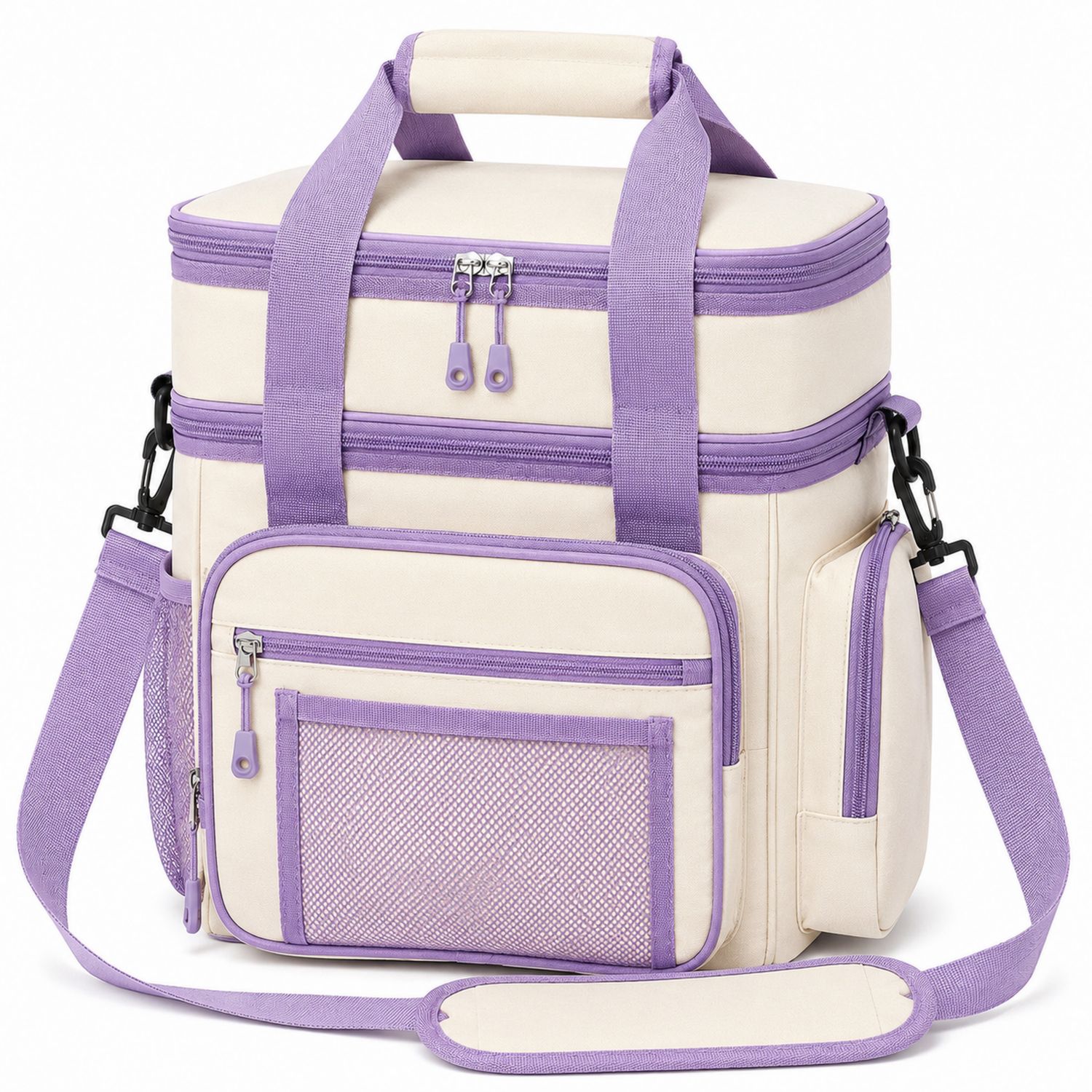 Borsa Termica Isolante Beige e Lilla con Tracolla e Doppio Scomparto